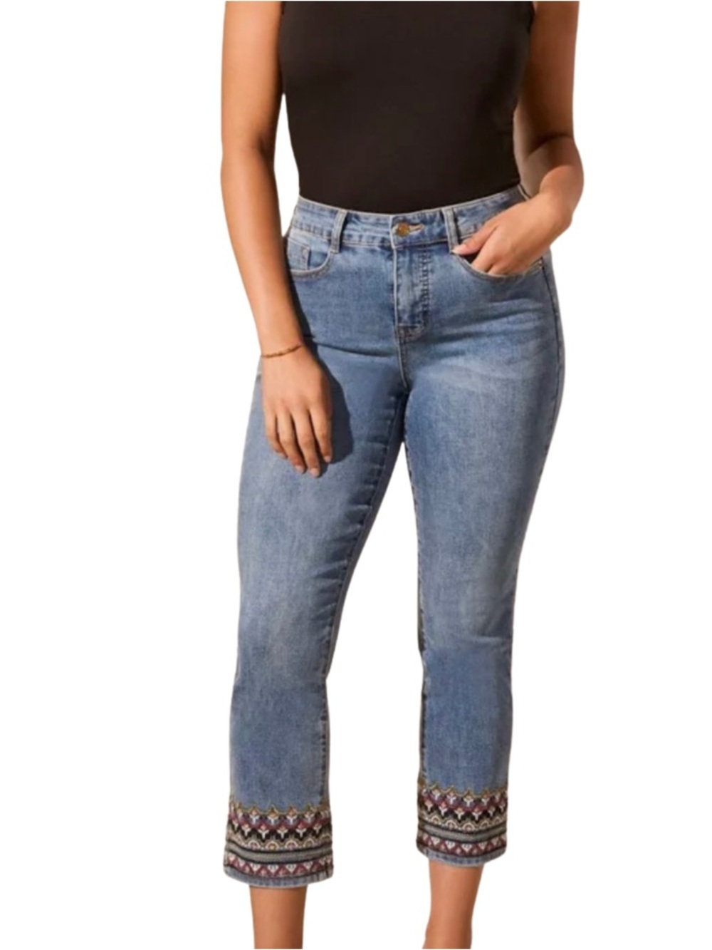 Tribal Audrey Crop Jeans Embroidered Hem NWT Sz 6 - Picture 2 of 7